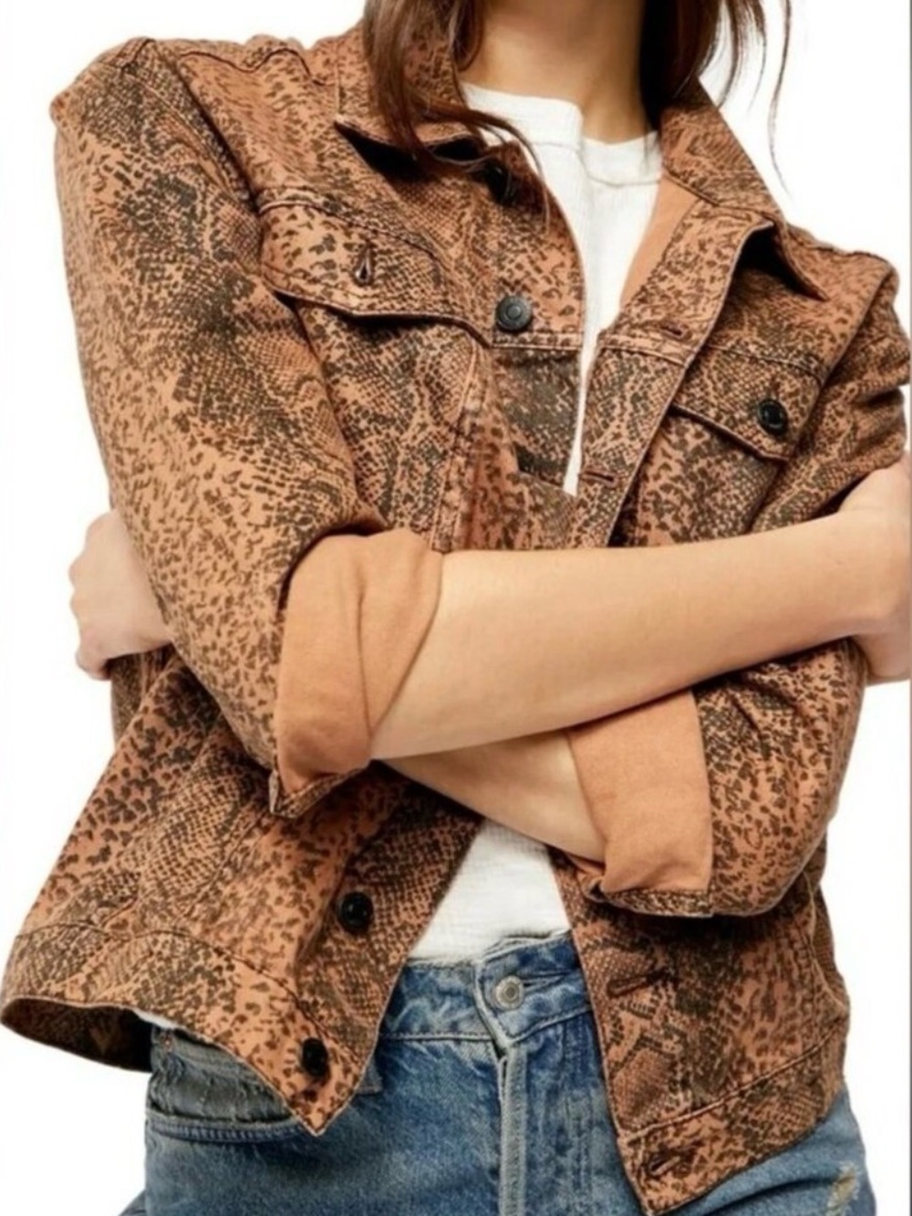 Free People Brown Snake Print Denim Jacket